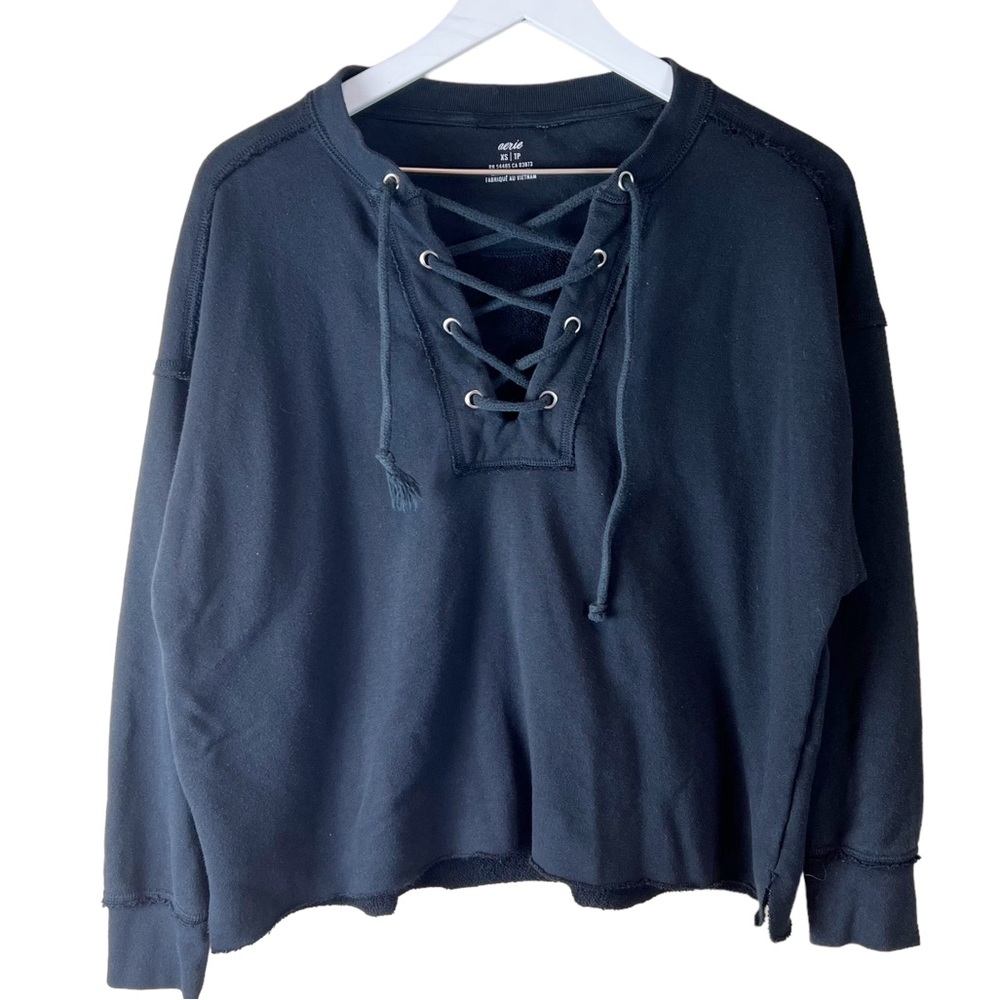 Aerie Womens‎ Lace Up Sweatshirt Oversized Long Sleeve Pullover Raw Hem Black XS